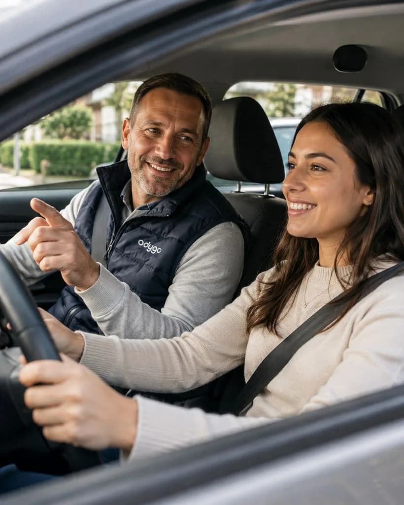 Une élève au volant, son enseignant Odygo à côté d'elle pendant une leçon